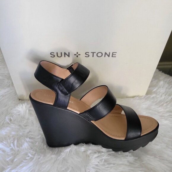 Sun + Stone Black Wedge Siennaa Sandals With Adjustable Straps- 8M - Picture 2 of 7